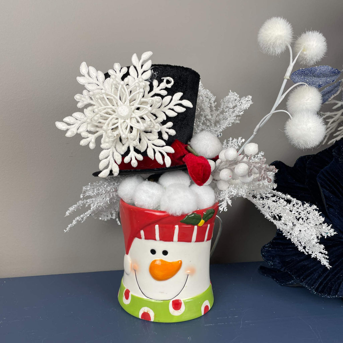 Snowman Christmas Mug Arrangement with Black Top Hat & Snowflake