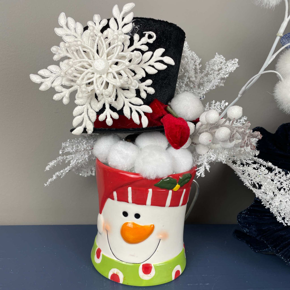 Snowman Christmas Mug Arrangement with Black Top Hat & Snowflake
