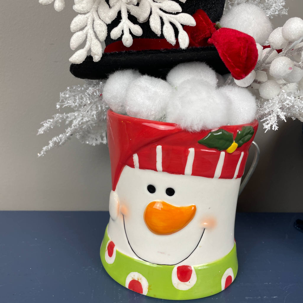 Snowman Christmas Mug Arrangement with Black Top Hat & Snowflake