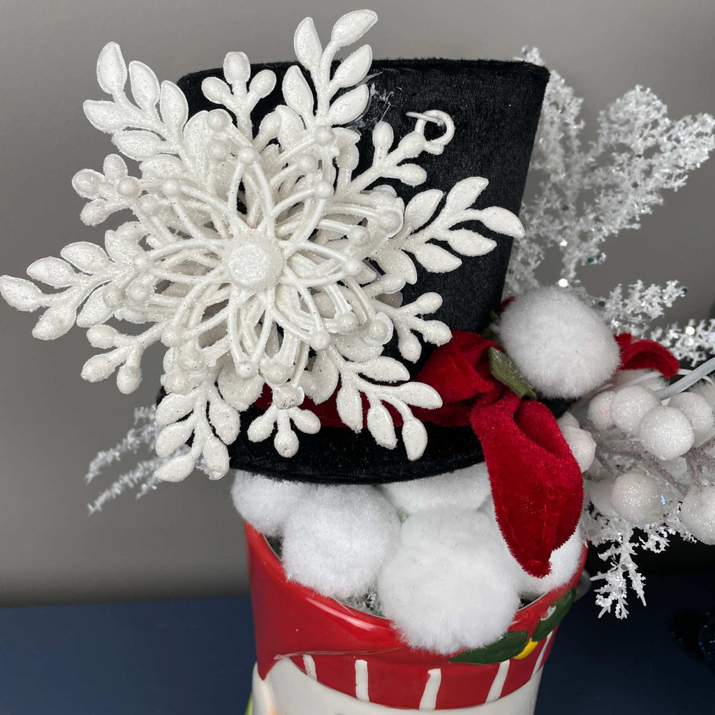 Snowman Christmas Mug Arrangement with Black Top Hat & Snowflake