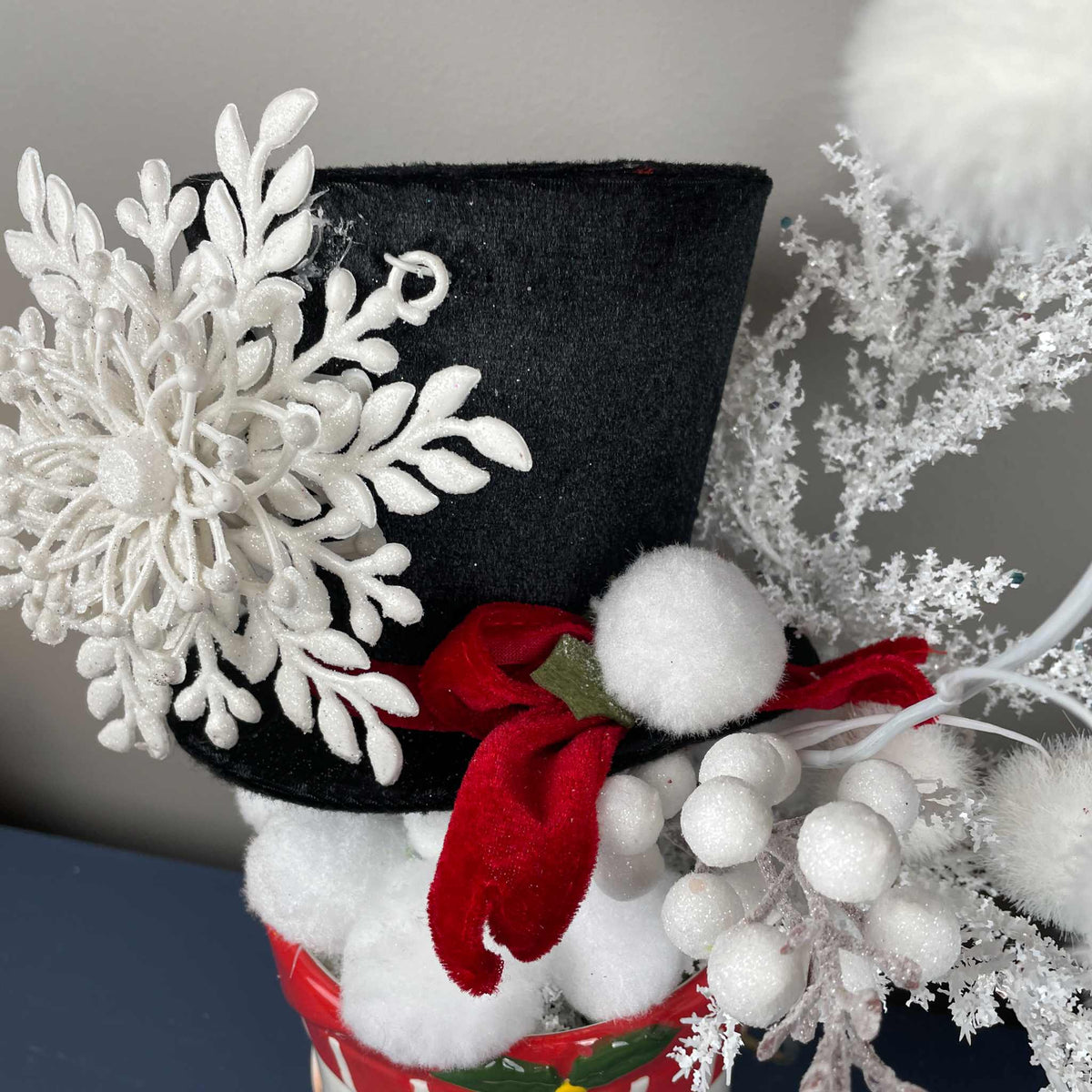 Snowman Christmas Mug Arrangement with Black Top Hat & Snowflake
