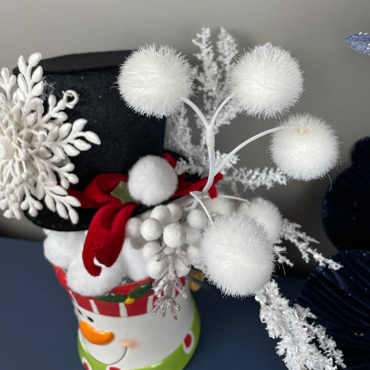 Snowman Christmas Mug Arrangement with Black Top Hat & Snowflake