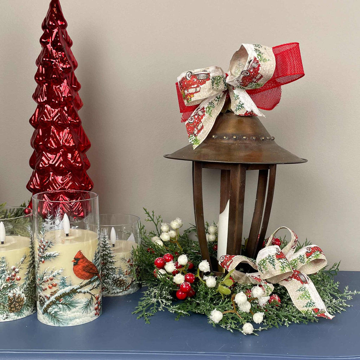Vintage Copper Candle Christmas Lantern Centerpiece with Candle & Red Truck Bow