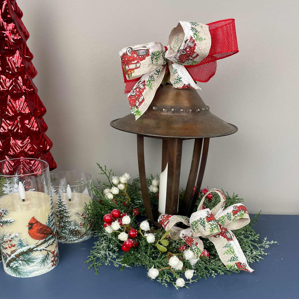 Vintage Copper Candle Christmas Lantern Centerpiece with Candle & Red Truck Bow