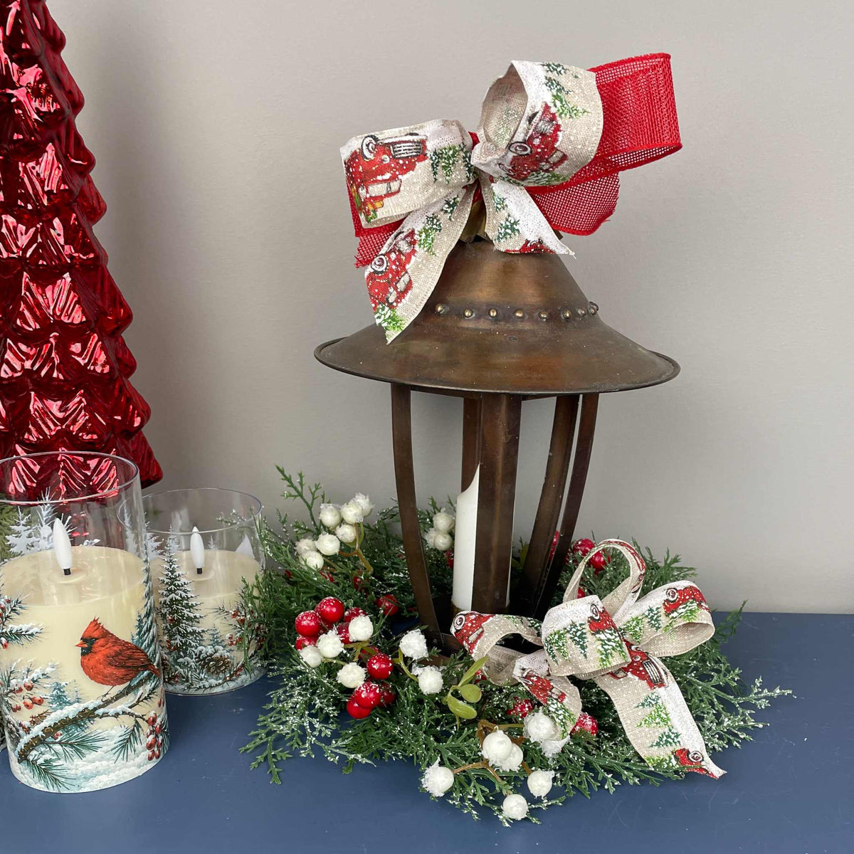 Vintage Copper Candle Christmas Lantern Centerpiece with Candle & Red Truck Bow