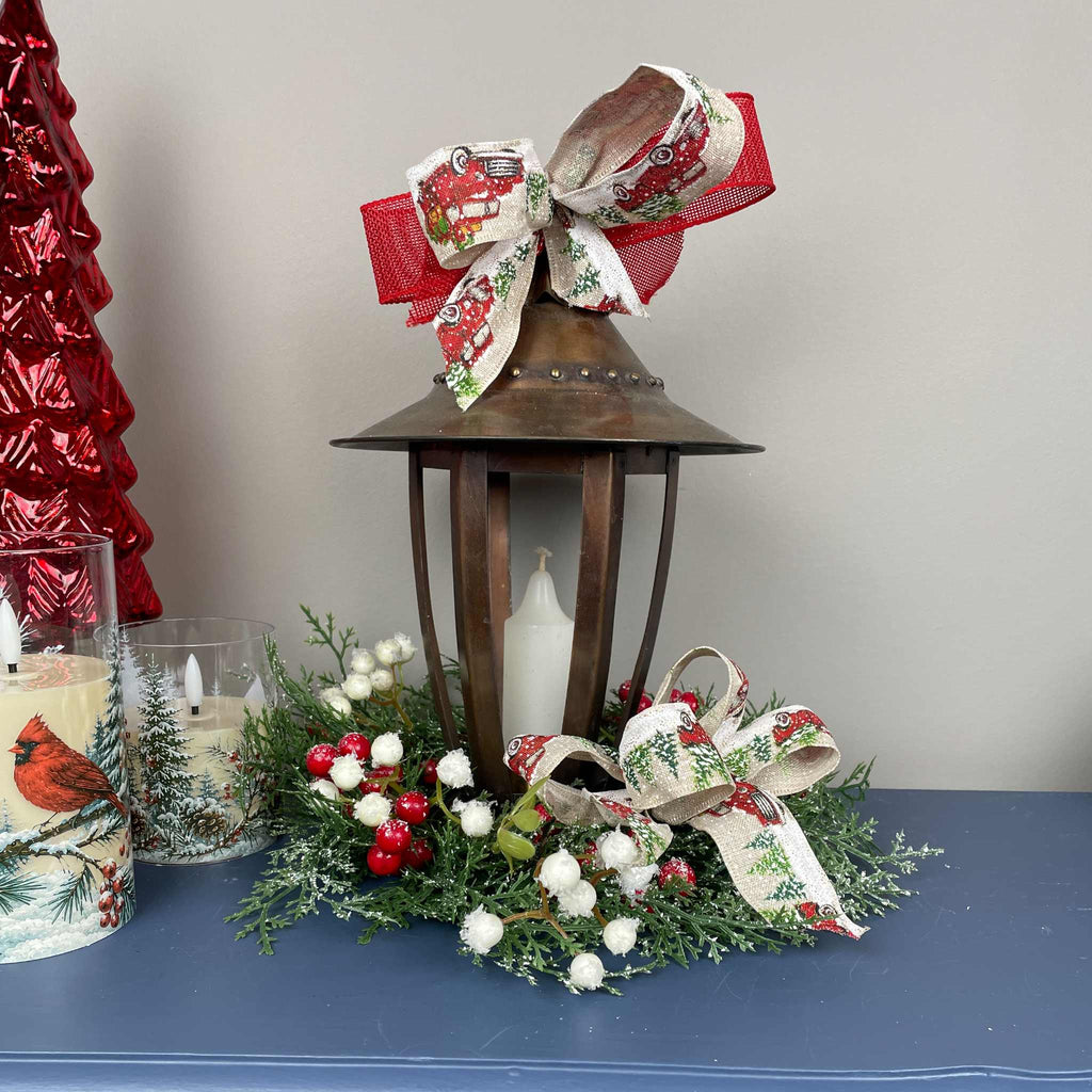 Vintage Copper Candle Christmas Lantern Centerpiece with Candle & Red Truck Bow