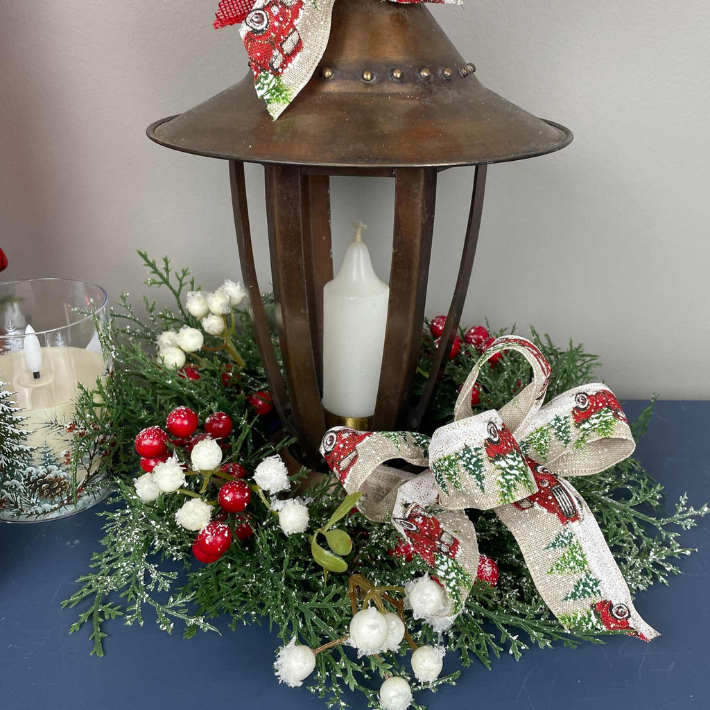 Vintage Copper Candle Christmas Lantern Centerpiece with Candle & Red Truck Bow