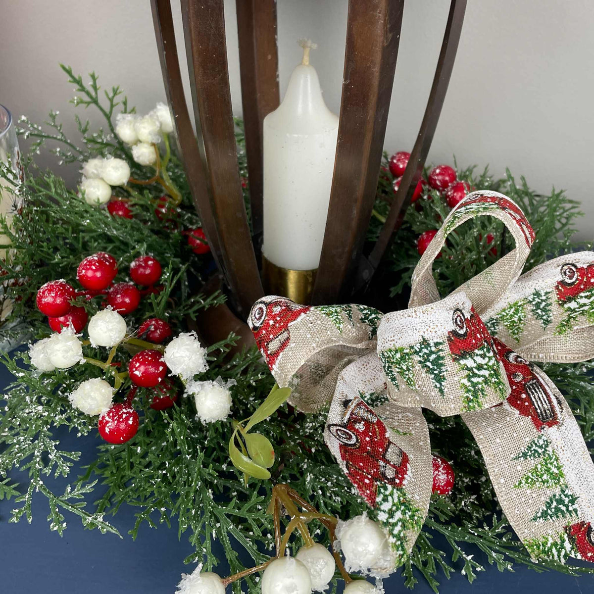 Vintage Copper Candle Christmas Lantern Centerpiece with Candle & Red Truck Bow