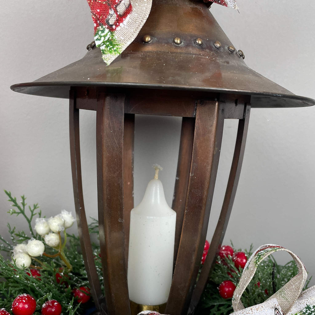Vintage Copper Candle Christmas Lantern Centerpiece with Candle & Red Truck Bow
