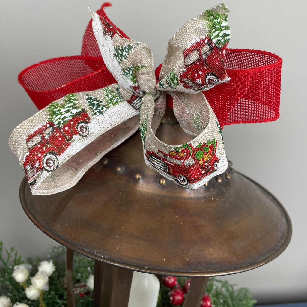 Vintage Copper Candle Christmas Lantern Centerpiece with Candle & Red Truck Bow