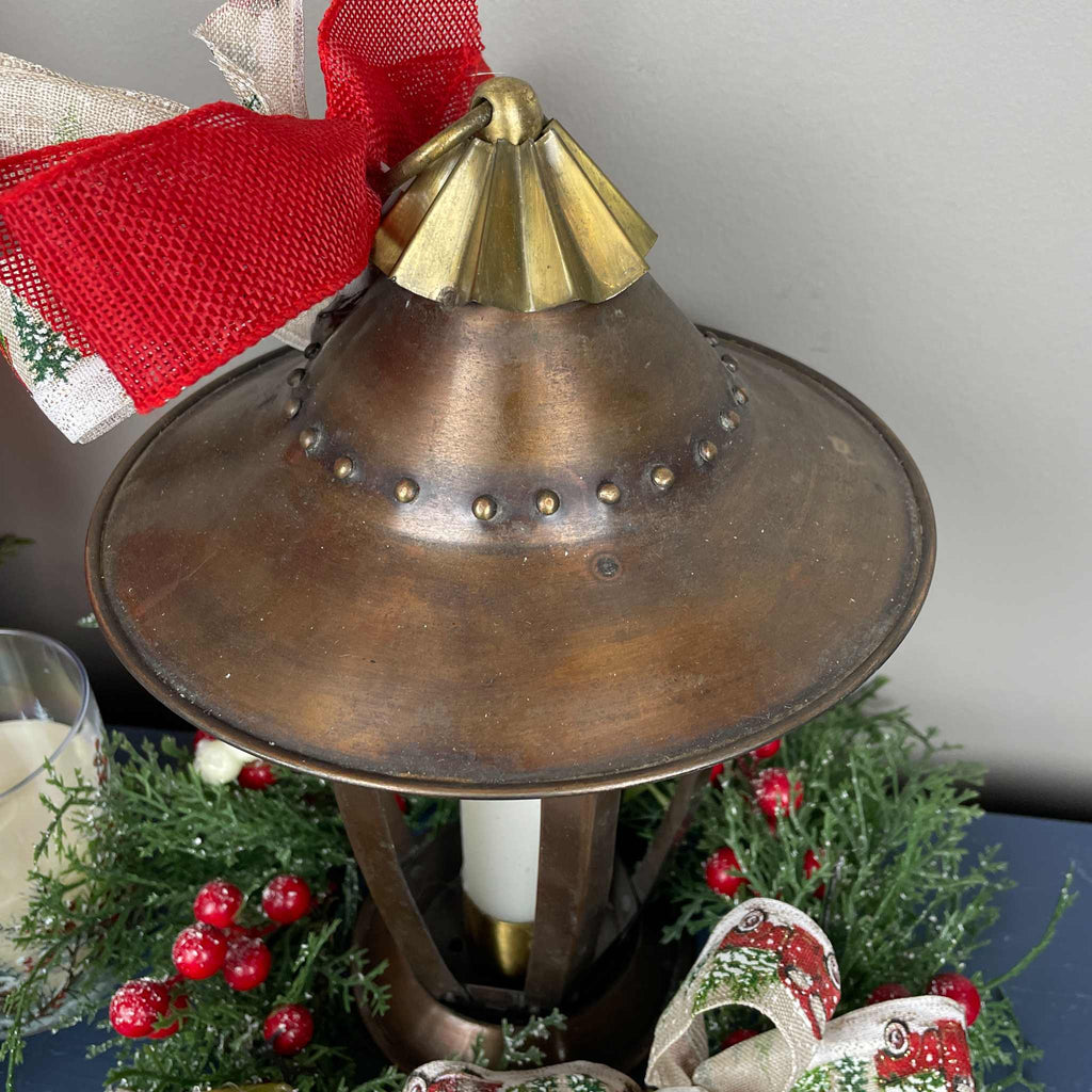 Vintage Copper Candle Christmas Lantern Centerpiece with Candle & Red Truck Bow