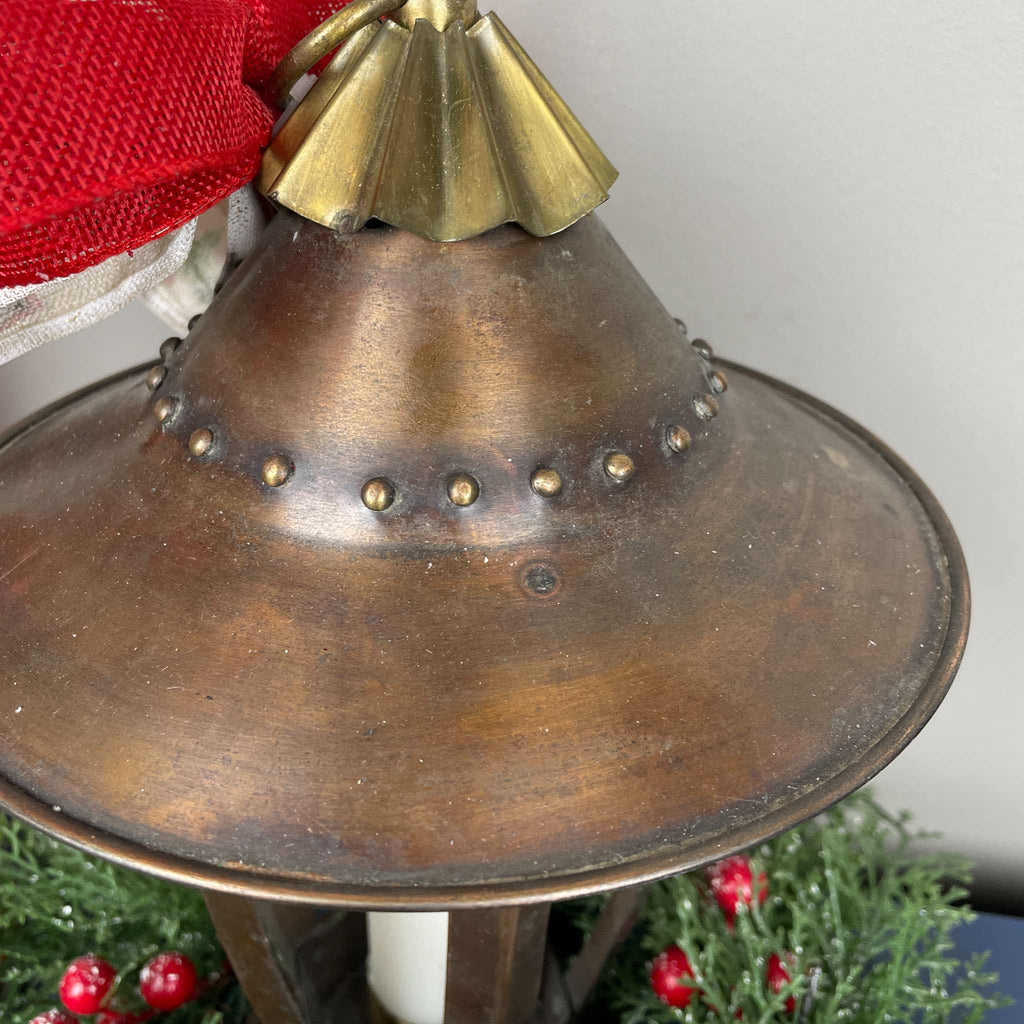 Vintage Copper Candle Christmas Lantern Centerpiece with Candle & Red Truck Bow