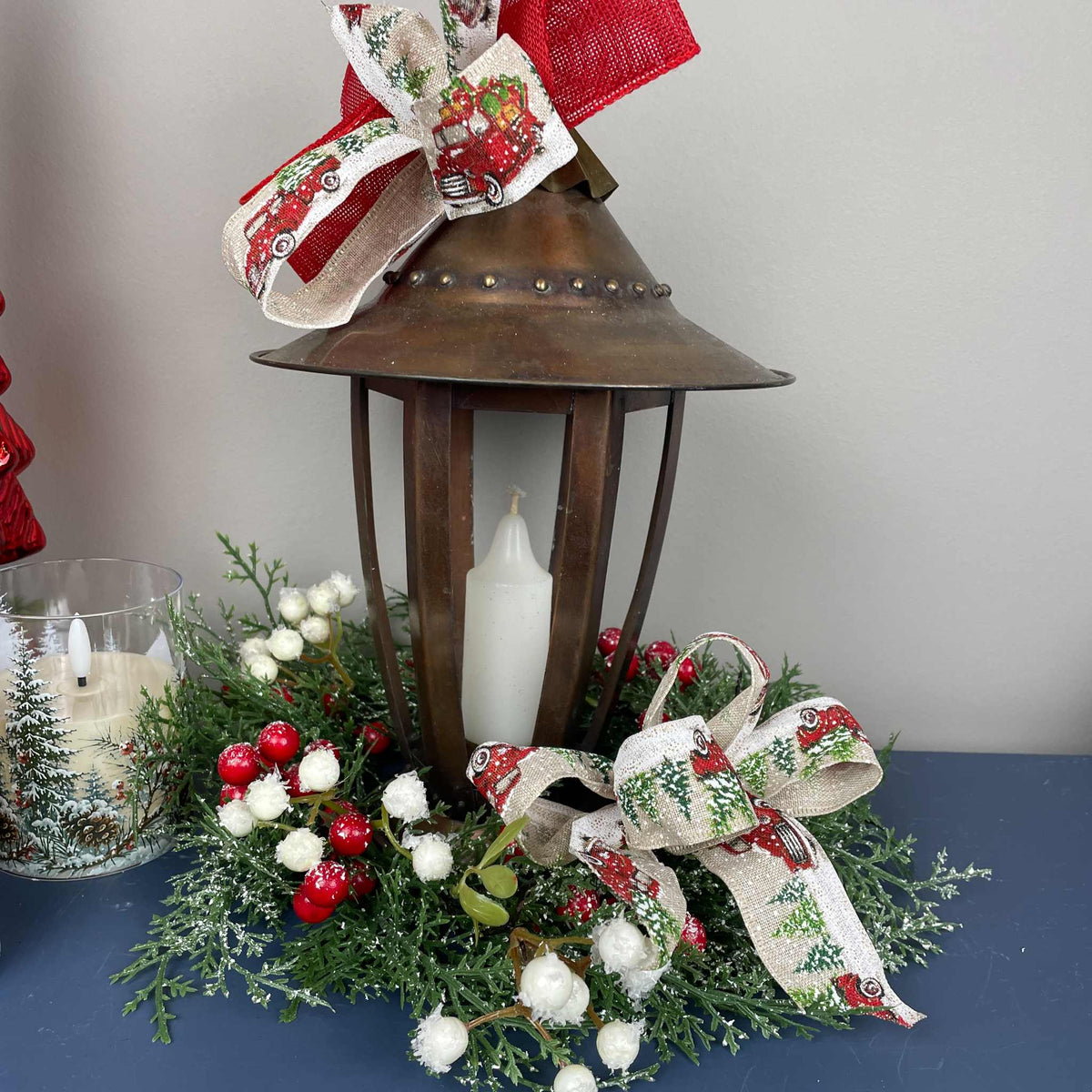 Vintage Copper Candle Christmas Lantern Centerpiece with Candle & Red Truck Bow