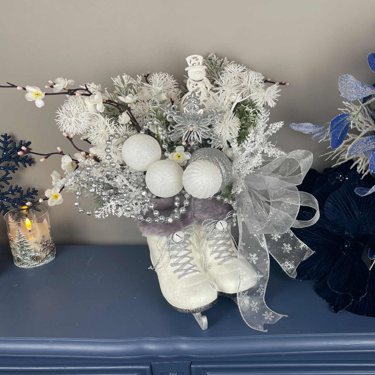 Winter Ice Skate Centerpiece with White & Silver Christmas Decor