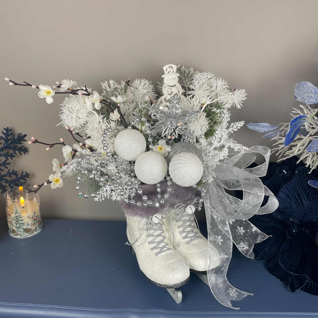 Winter Ice Skate Centerpiece with White & Silver Christmas Decor