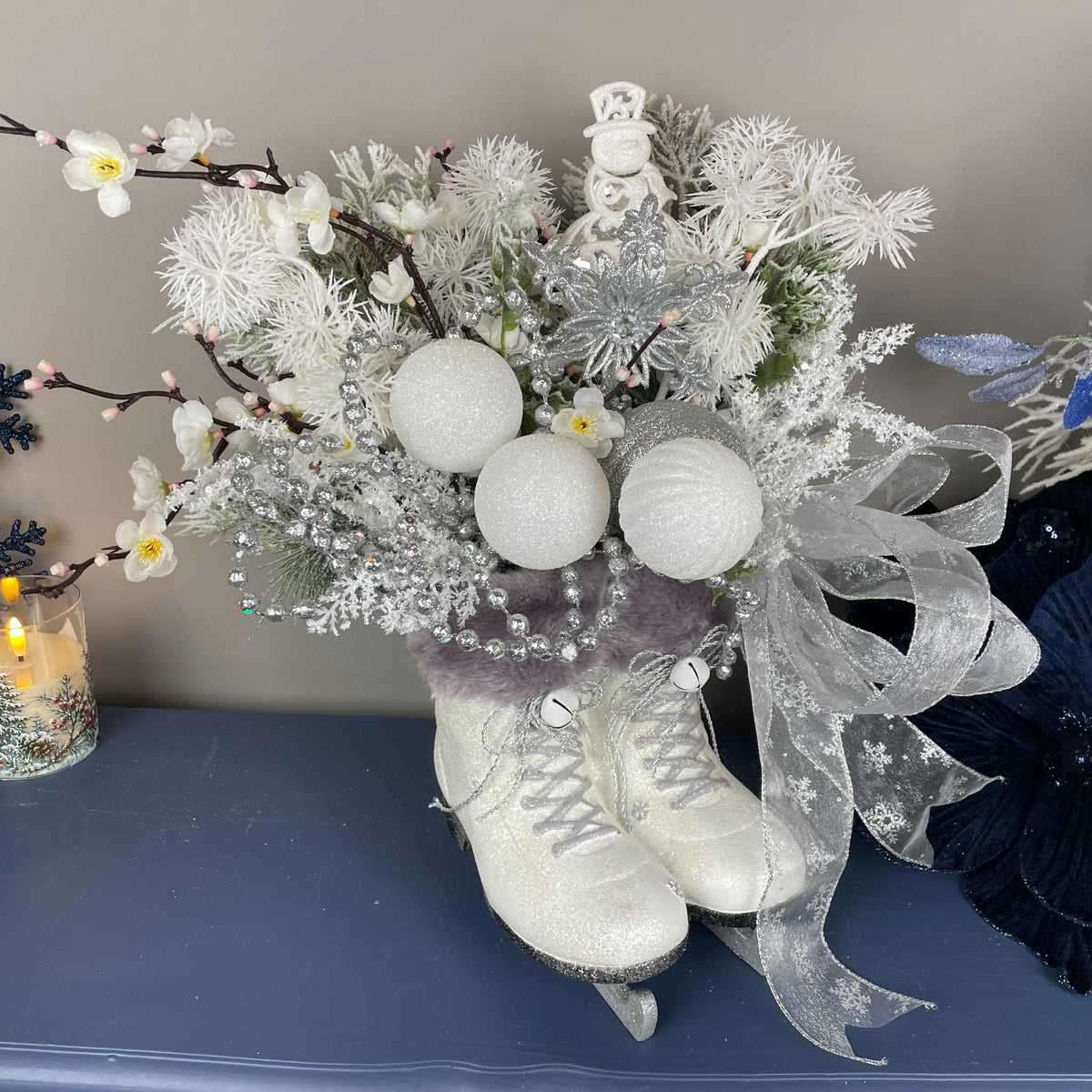 Winter Ice Skate Centerpiece with White & Silver Christmas Decor