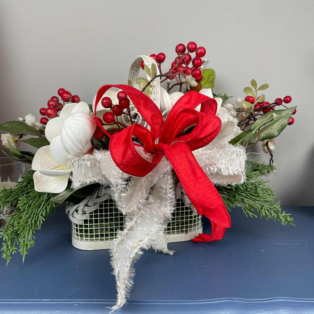 Christmas Floral Centerpiece Cream Basket Red Berries Magnolia Winter