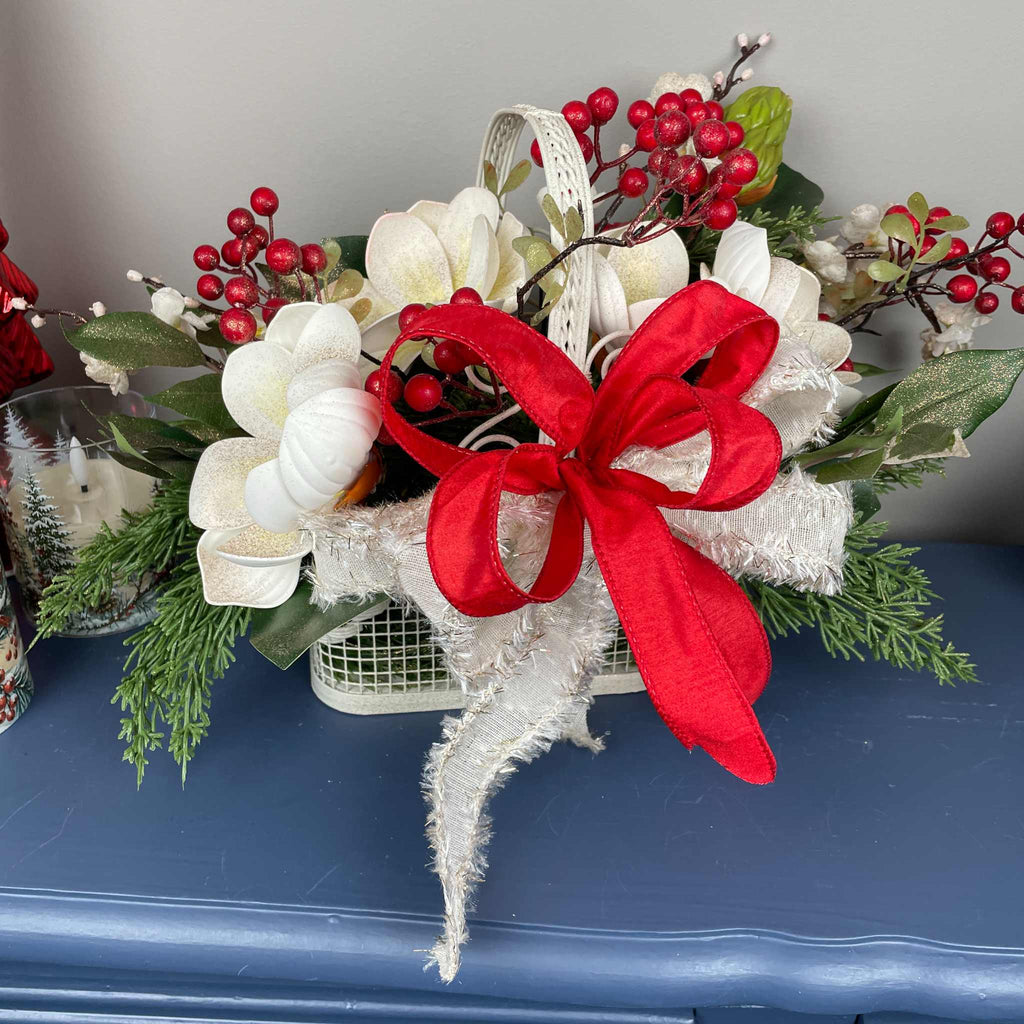Christmas Floral Centerpiece Cream Basket Red Berries Magnolia Winter