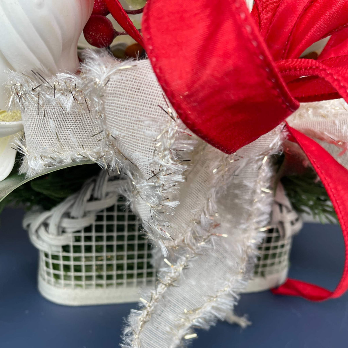 Christmas Floral Centerpiece Cream Basket Red Berries Magnolia Winter