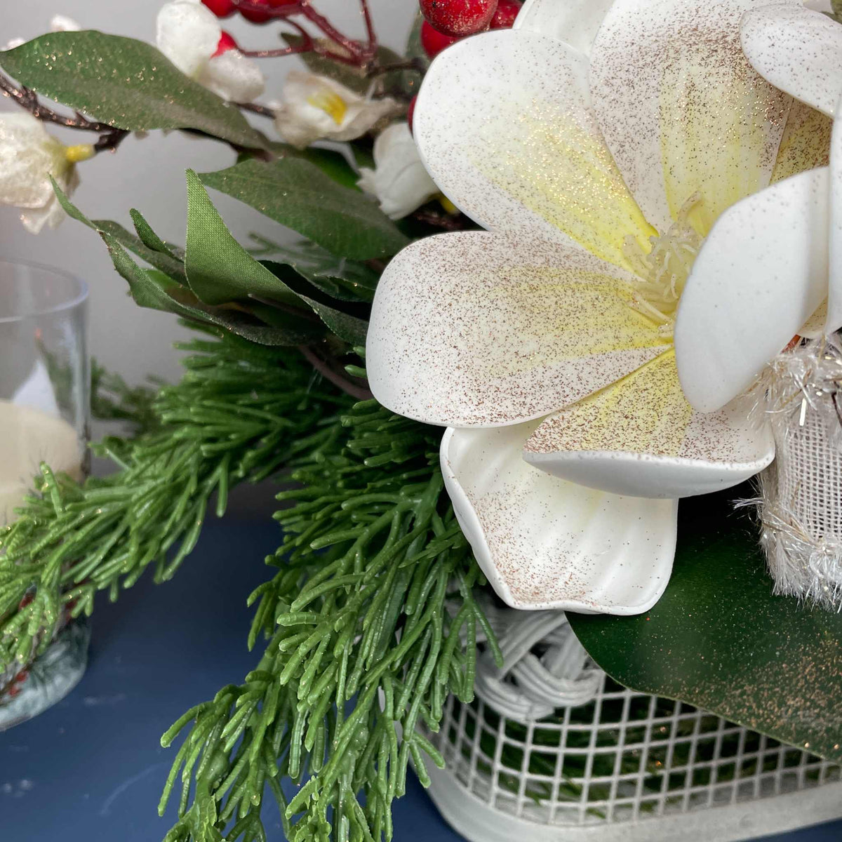 Christmas Floral Centerpiece Cream Basket Red Berries Magnolia Winter