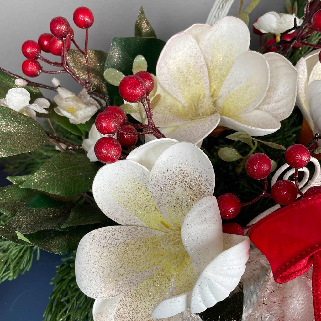 Christmas Floral Centerpiece Cream Basket Red Berries Magnolia Winter