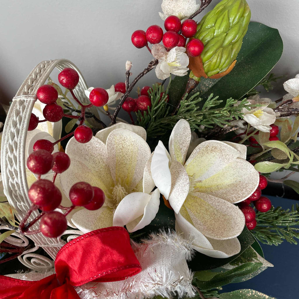 Christmas Floral Centerpiece Cream Basket Red Berries Magnolia Winter