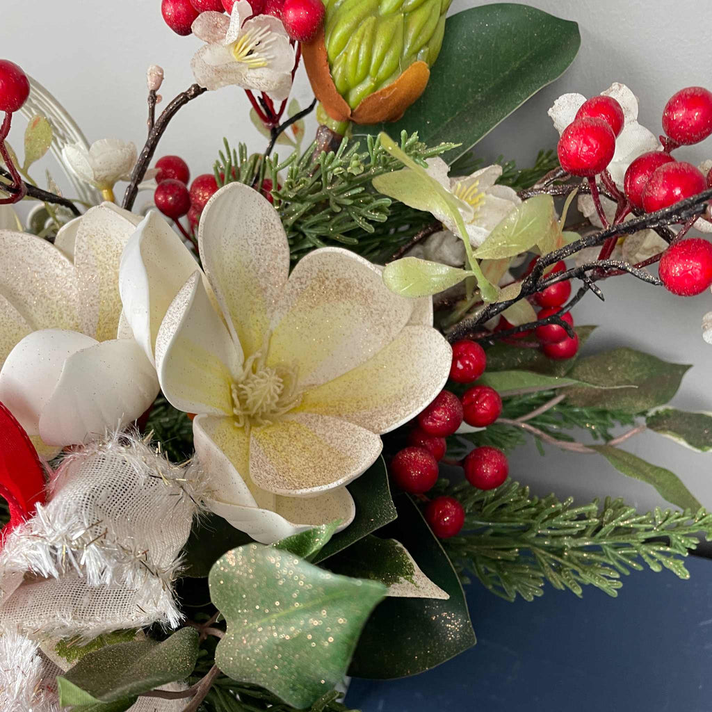 Christmas Floral Centerpiece Cream Basket Red Berries Magnolia Winter