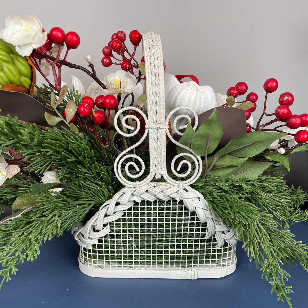 Christmas Floral Centerpiece Cream Basket Red Berries Magnolia Winter