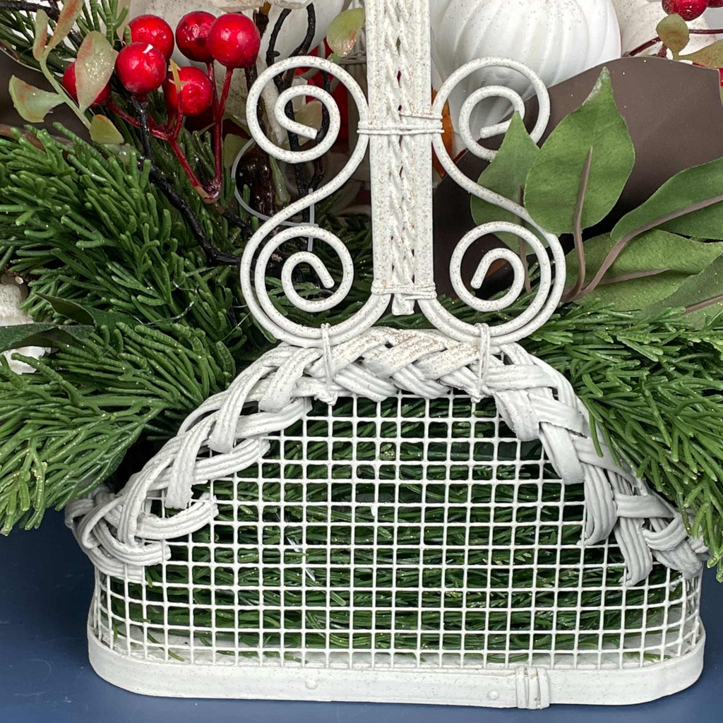 Christmas Floral Centerpiece Cream Basket Red Berries Magnolia Winter
