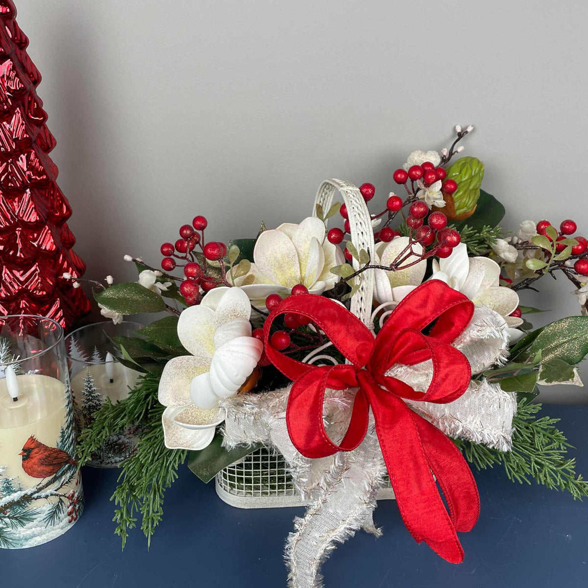 Christmas Floral Centerpiece Cream Basket Red Berries Magnolia Winter