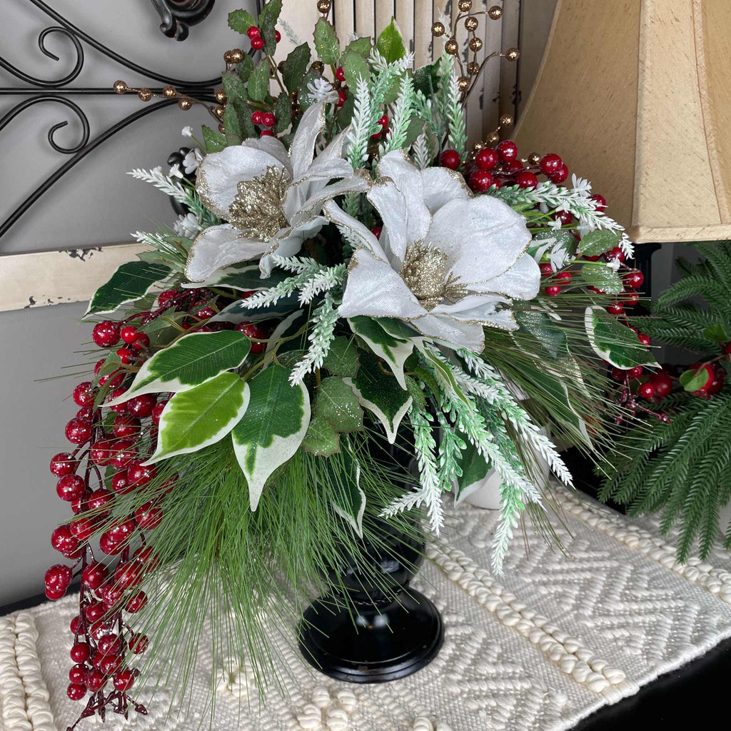 Christmas Magnolia Arrangement in Black Metal Vase White & Red Florals