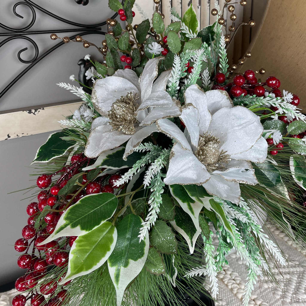 Christmas Magnolia Arrangement in Black Metal Vase White & Red Florals