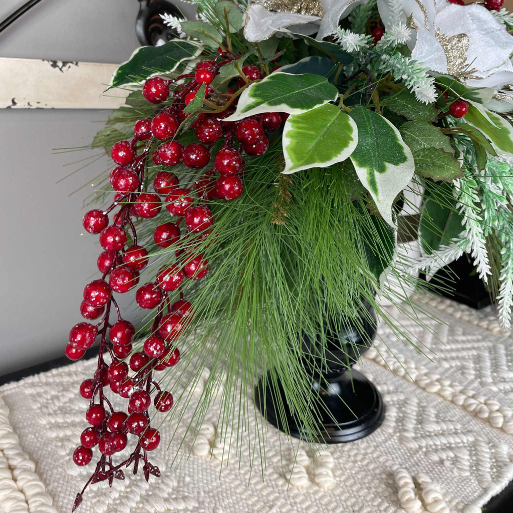 Christmas Magnolia Arrangement in Black Metal Vase White & Red Florals