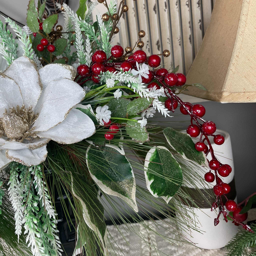 Christmas Magnolia Arrangement in Black Metal Vase White & Red Florals