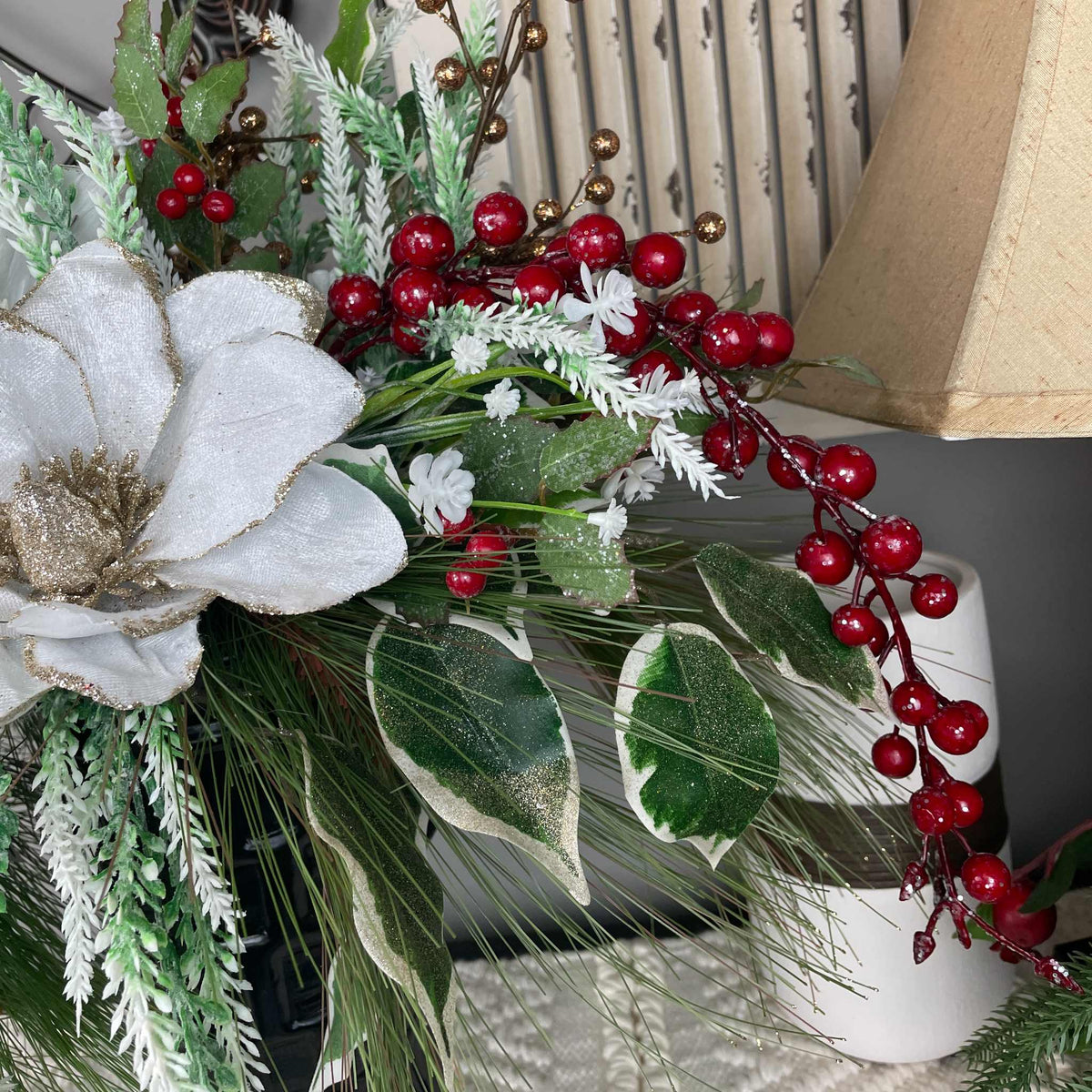 Christmas Magnolia Arrangement in Black Metal Vase White & Red Florals