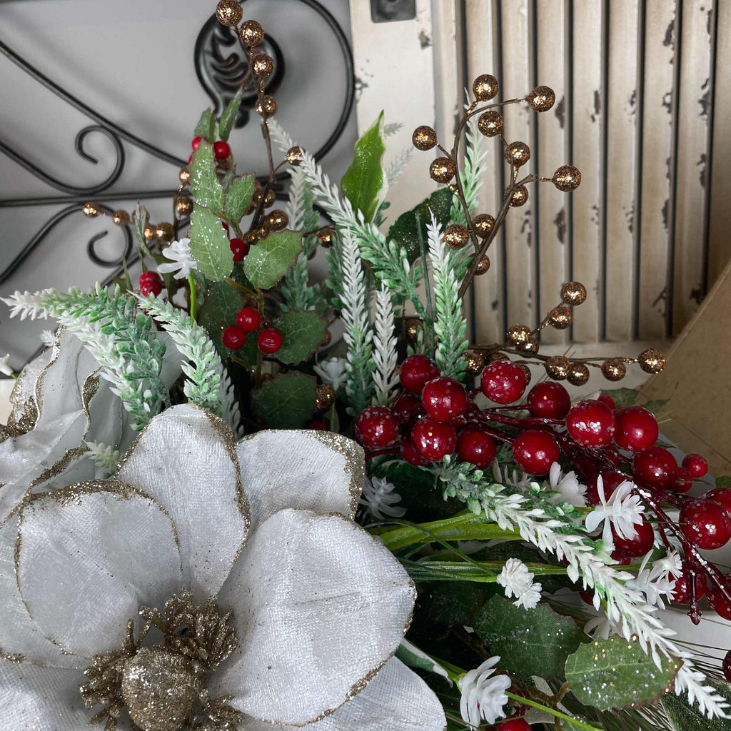 Christmas Magnolia Arrangement in Black Metal Vase White & Red Florals