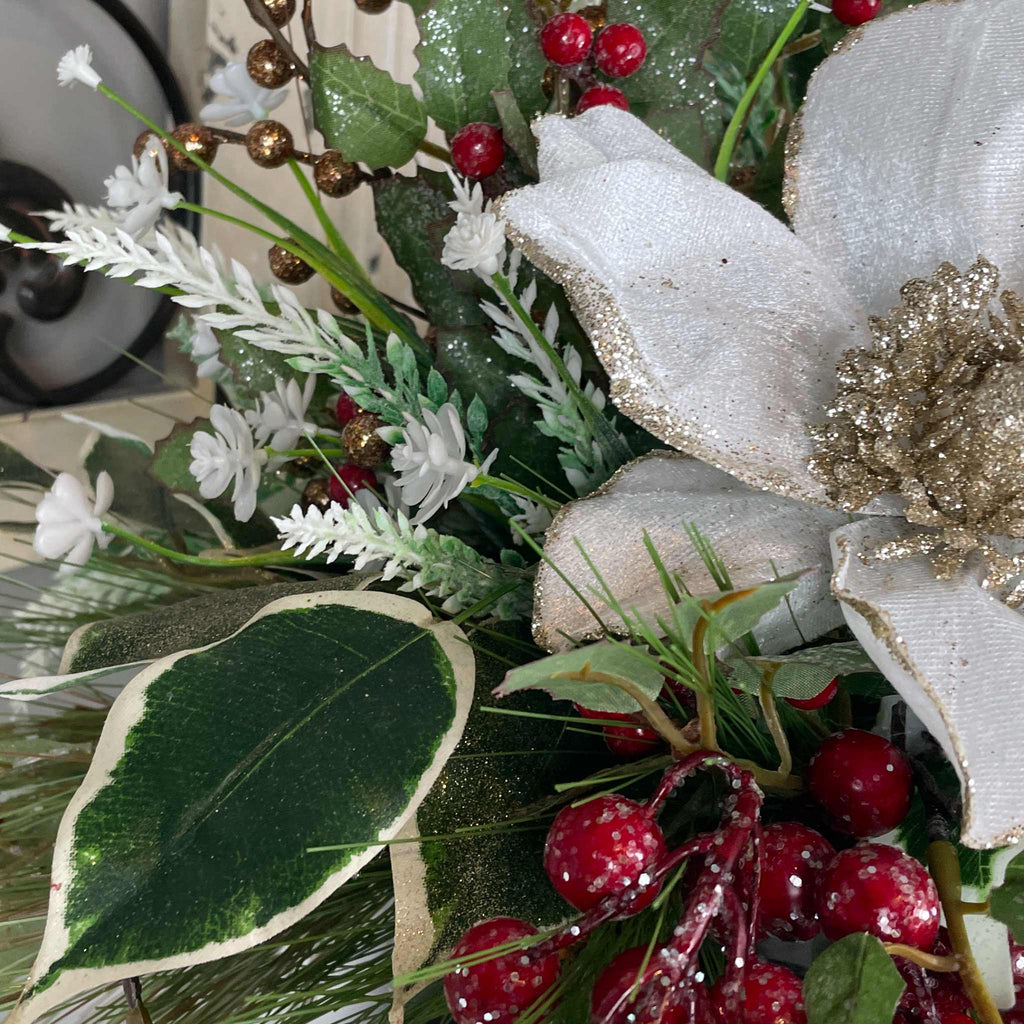 Christmas Magnolia Arrangement in Black Metal Vase White & Red Florals