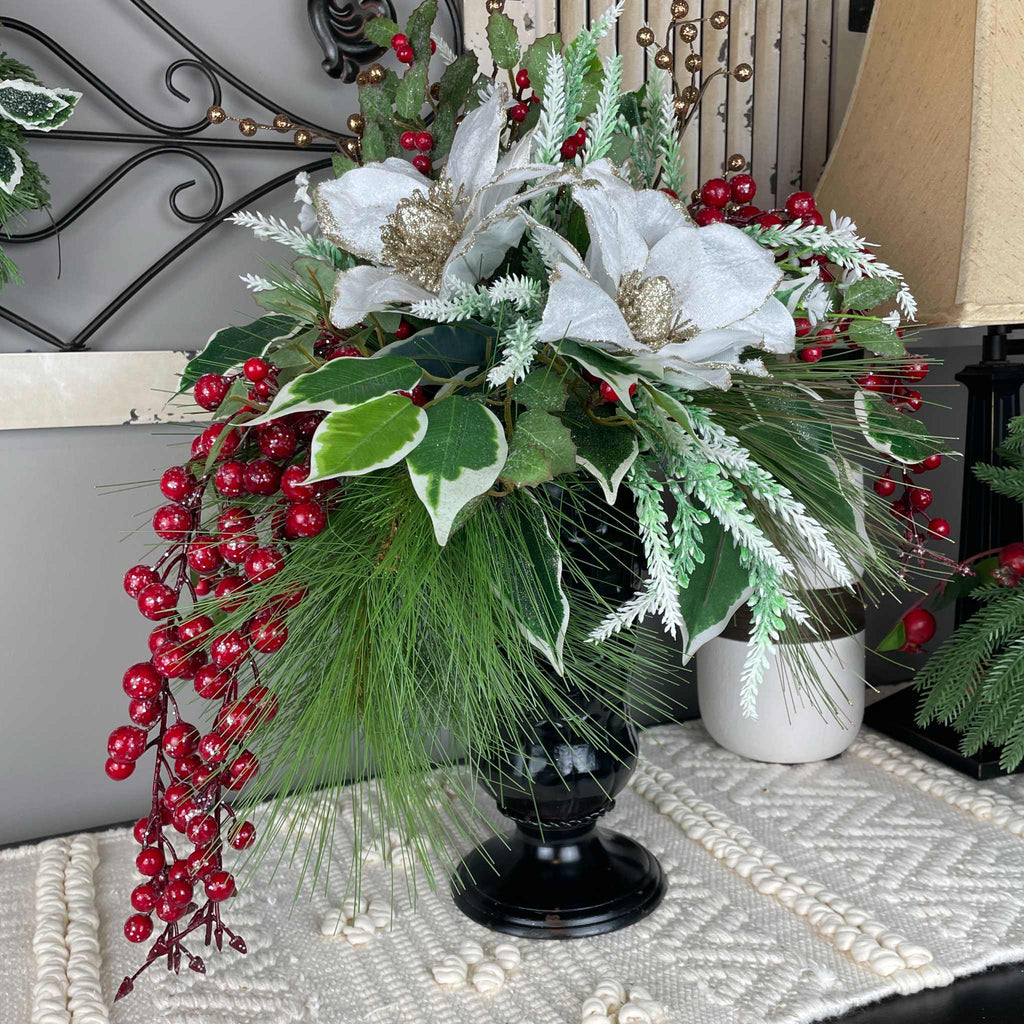 Christmas Magnolia Arrangement in Black Metal Vase White & Red Florals