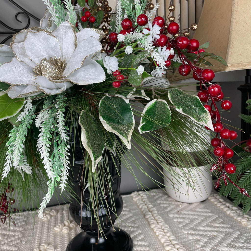 Christmas Magnolia Arrangement in Black Metal Vase White & Red Florals