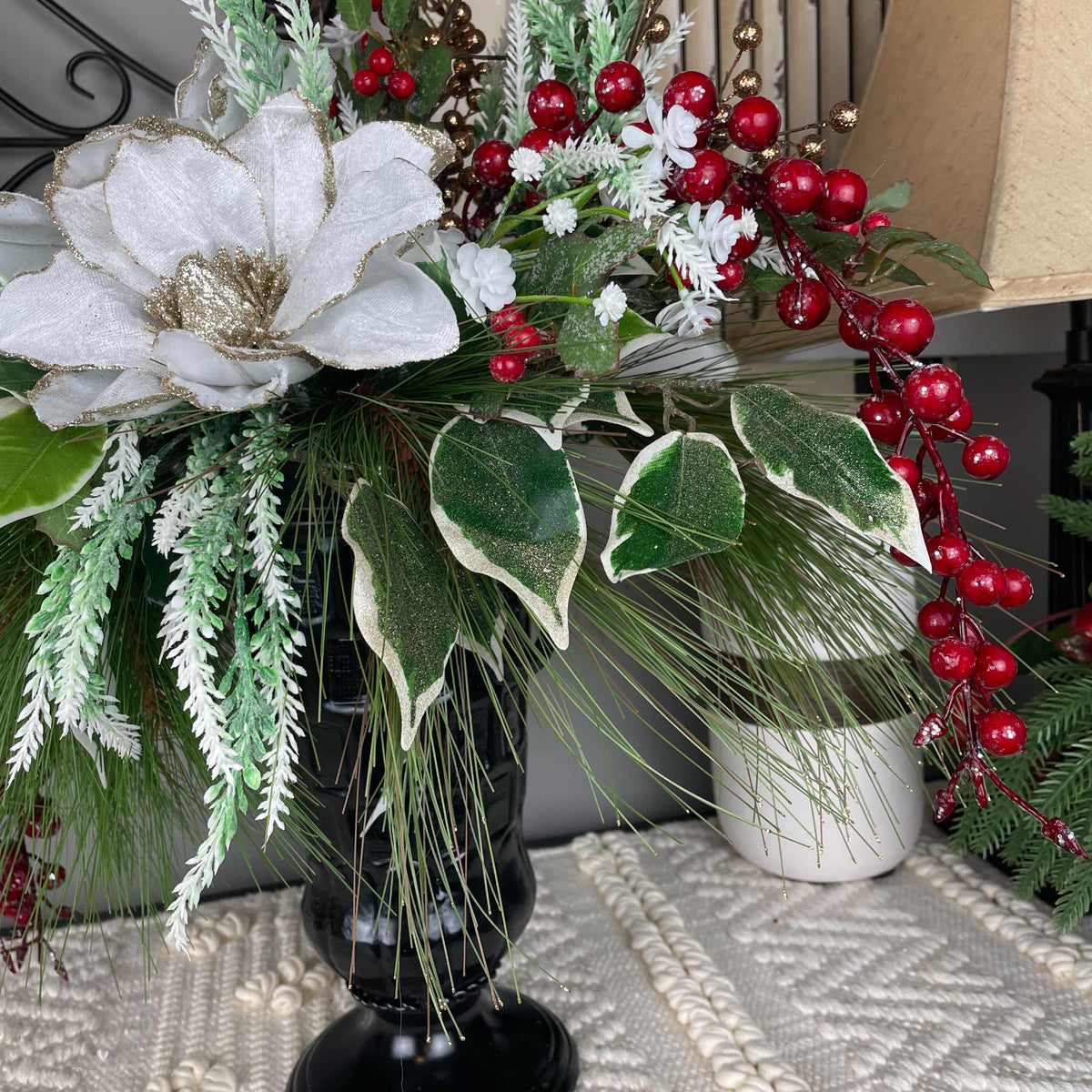 Christmas Magnolia Arrangement in Black Metal Vase White & Red Florals