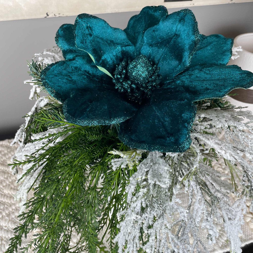 Teal Magnolia Winter Centerpiece with Snowy Pine & White Planter