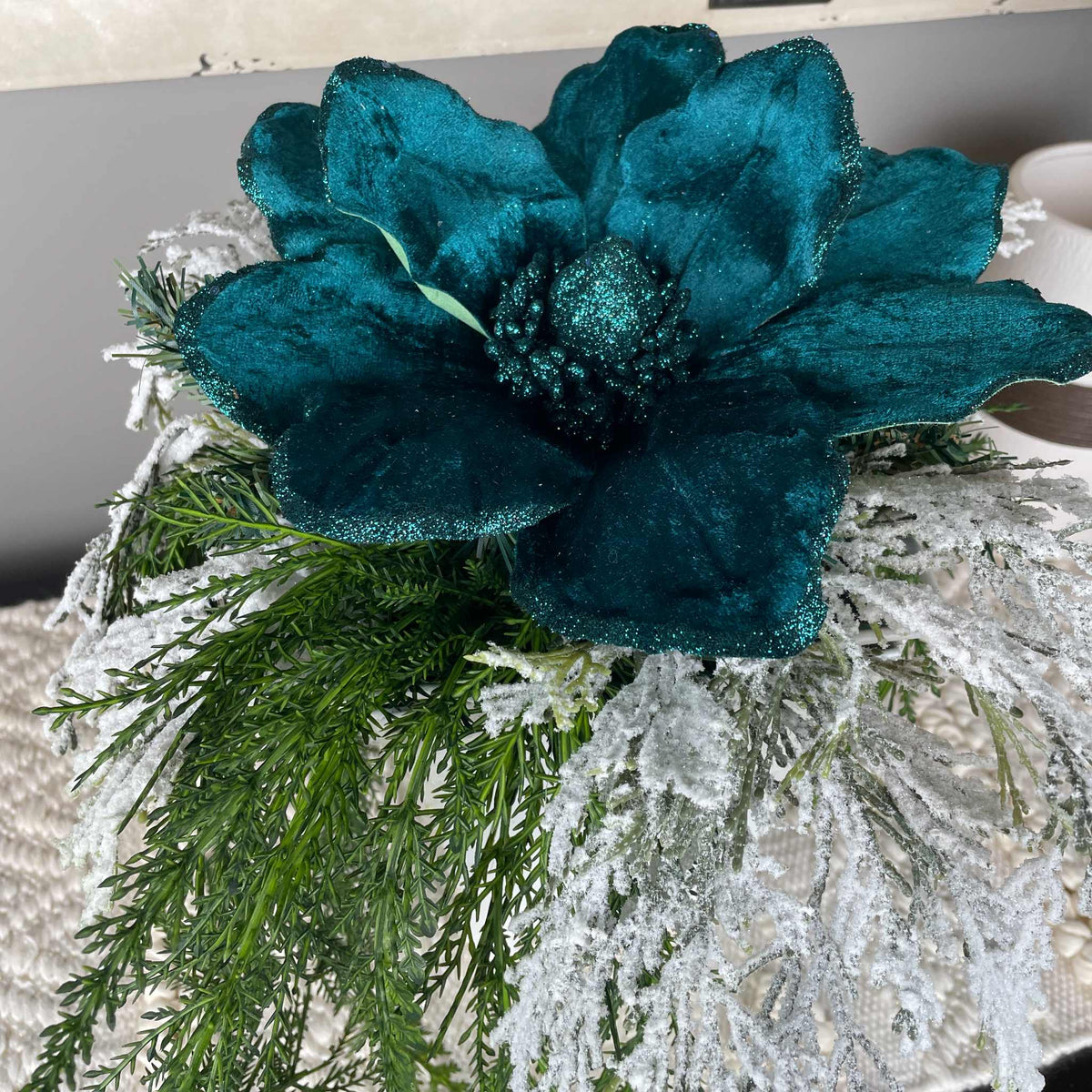 Teal Magnolia Winter Centerpiece with Snowy Pine & White Planter