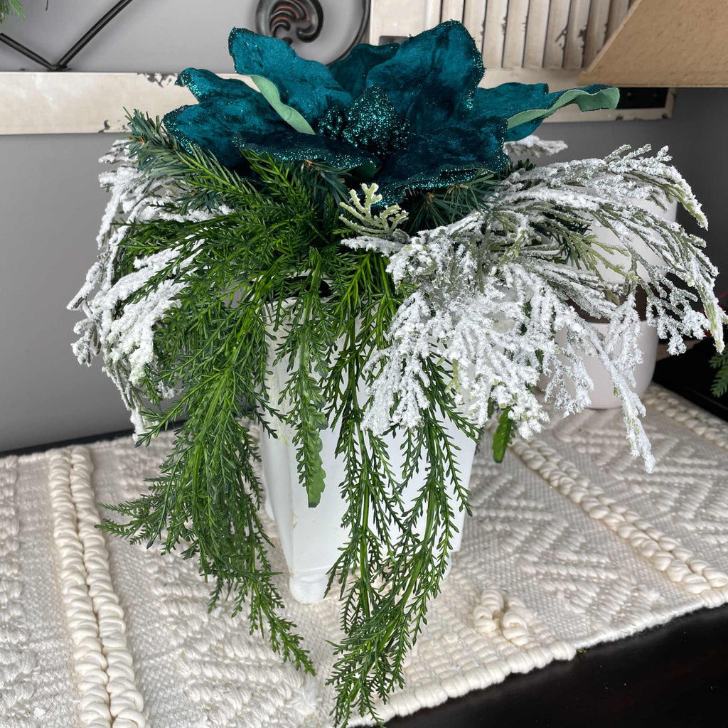 Teal Magnolia Winter Centerpiece with Snowy Pine & White Planter