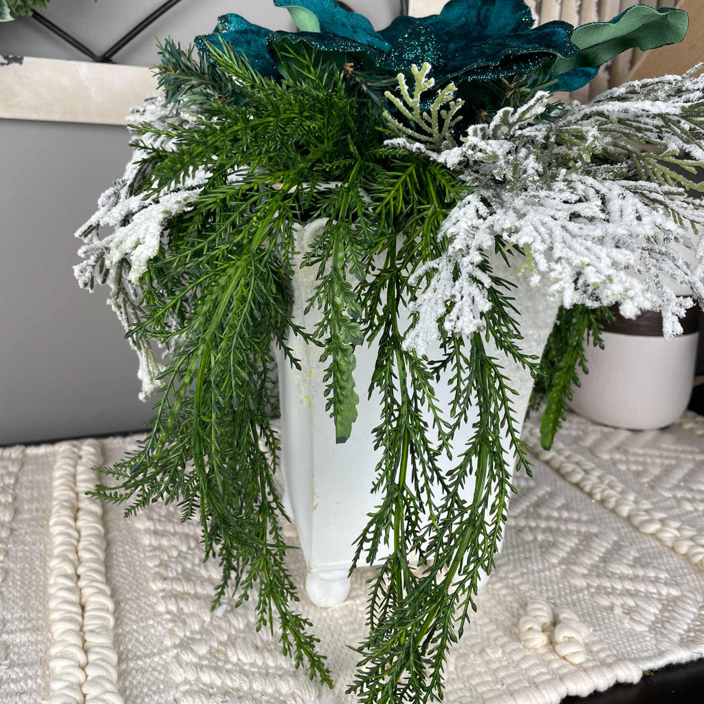 Teal Magnolia Winter Centerpiece with Snowy Pine & White Planter