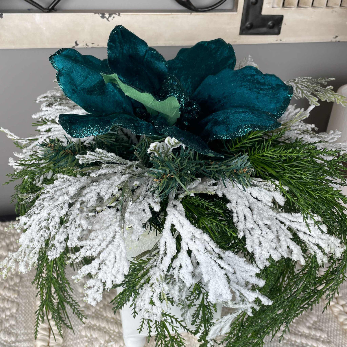 Teal Magnolia Winter Centerpiece with Snowy Pine & White Planter