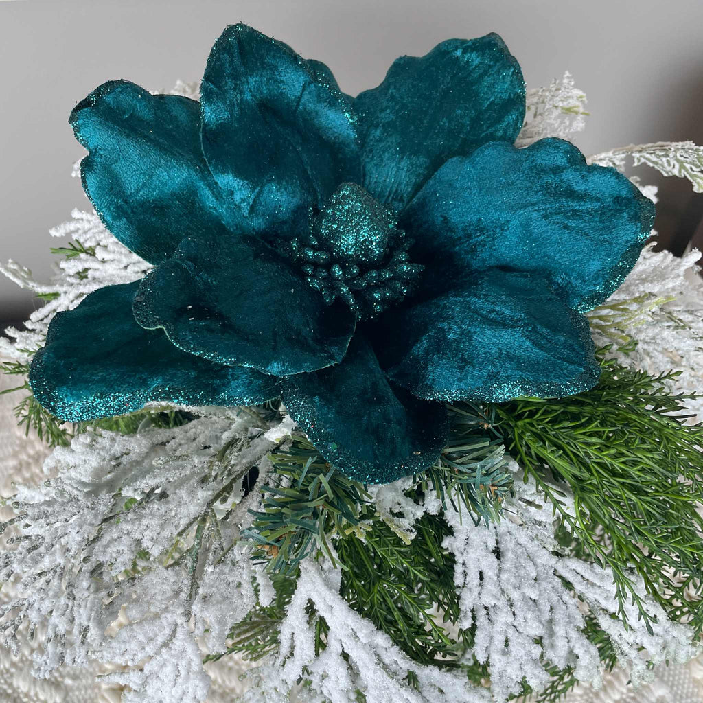 Teal Magnolia Winter Centerpiece with Snowy Pine & White Planter