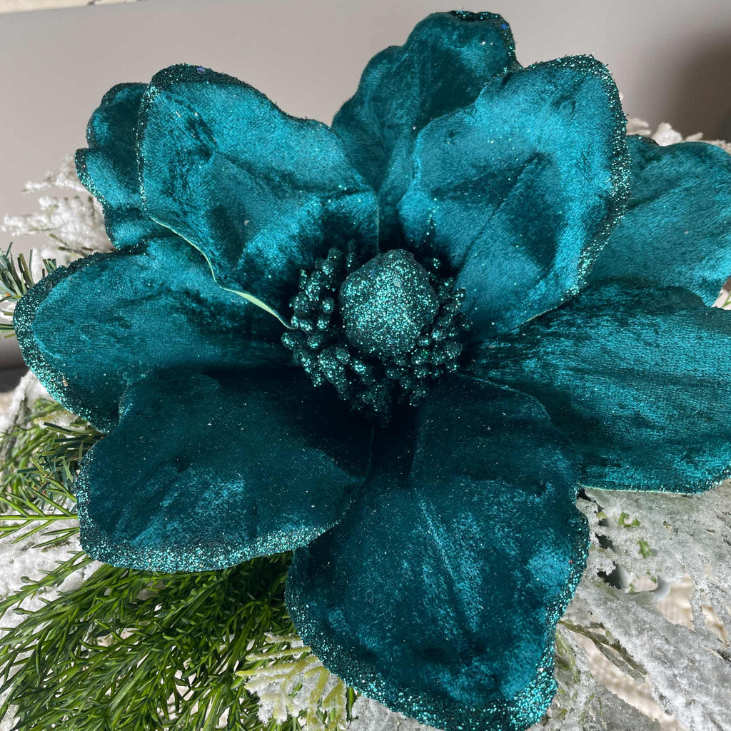 Teal Magnolia Winter Centerpiece with Snowy Pine & White Planter