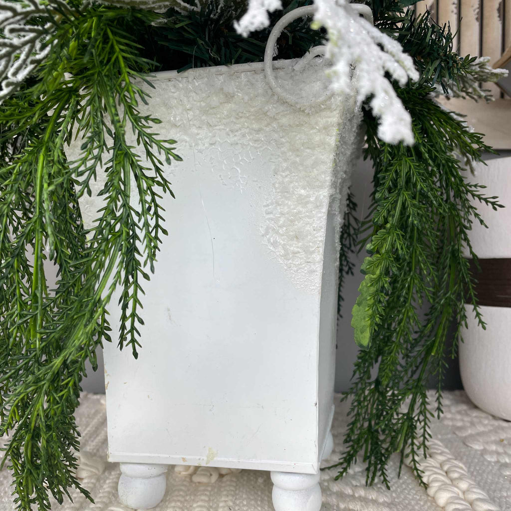 Teal Magnolia Winter Centerpiece with Snowy Pine & White Planter