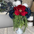 Christmas Centerpiece Red Magnolia White Metal Cup Black Top Hat