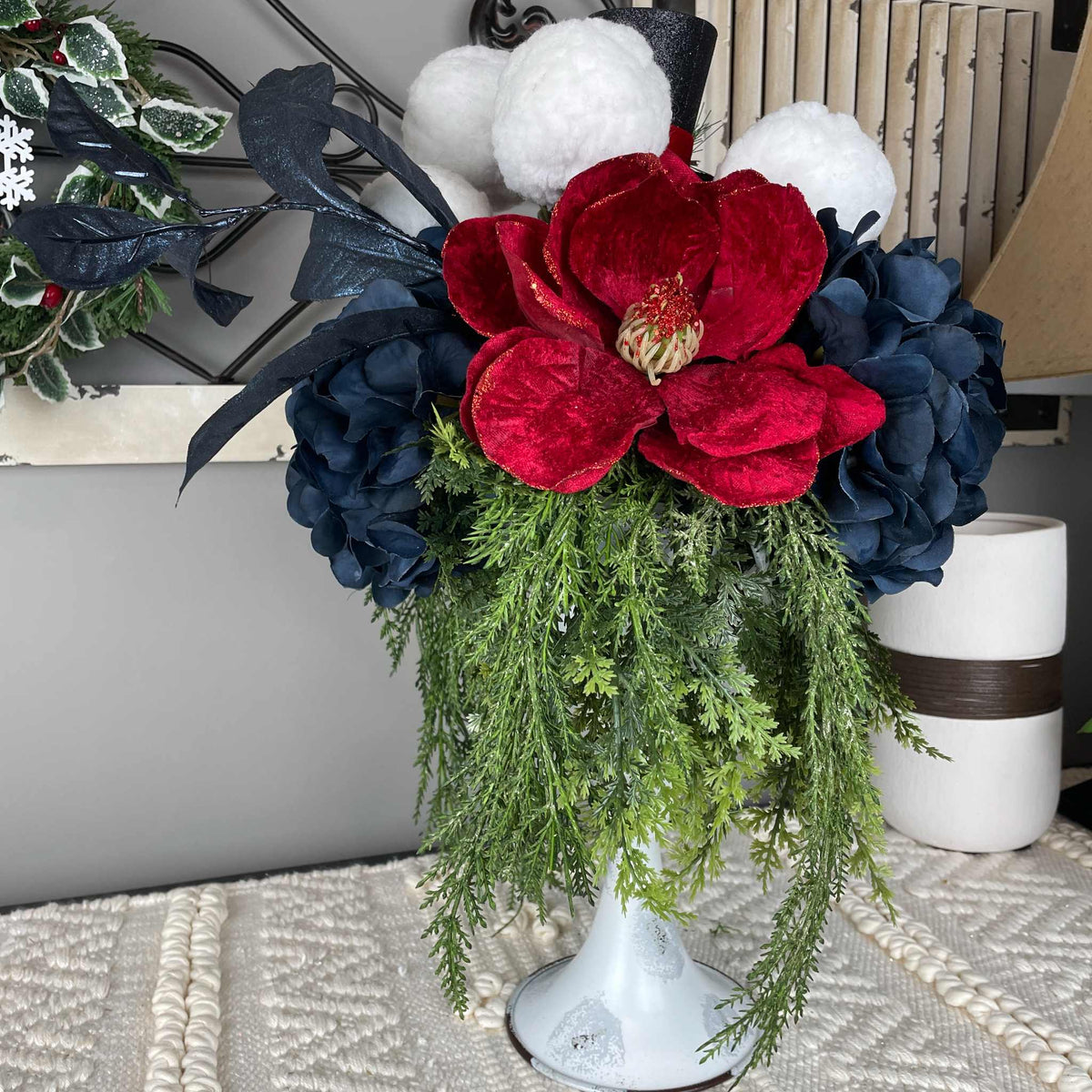 Christmas Centerpiece Red Magnolia White Metal Cup Black Top Hat